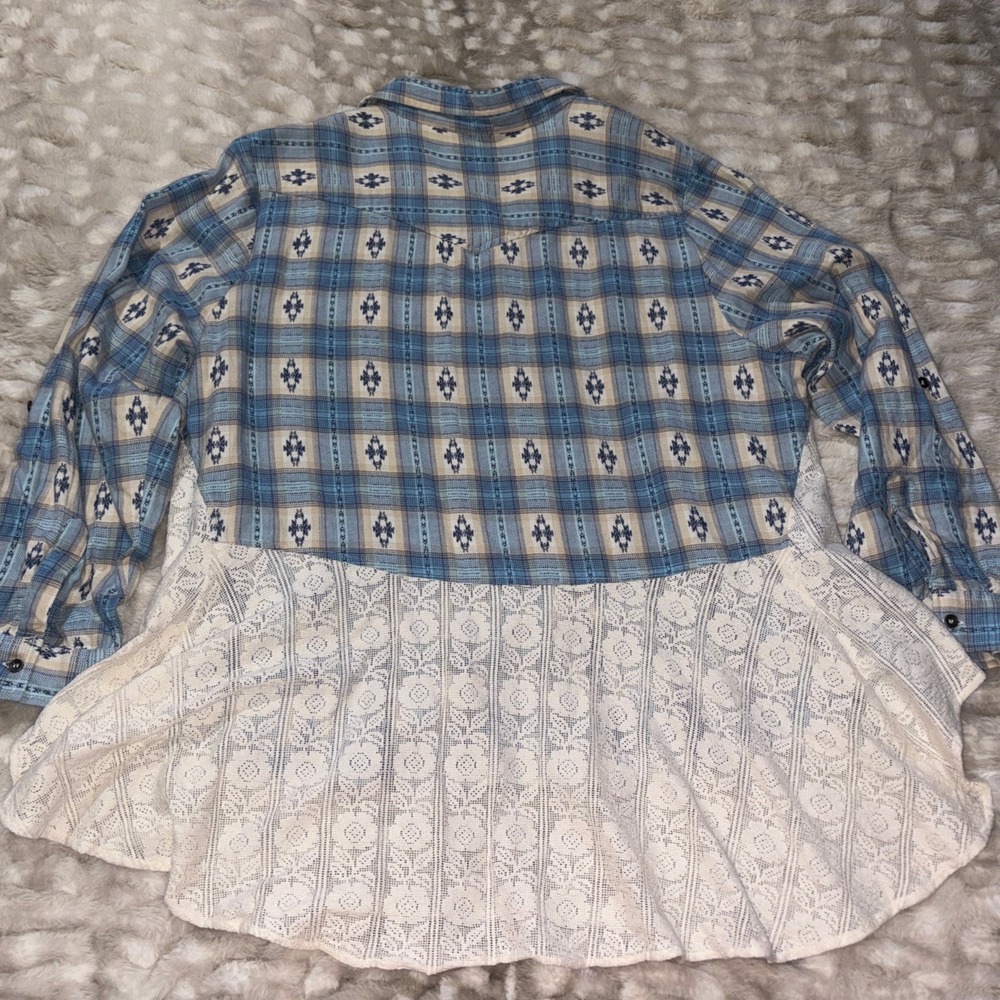 Back in the Saddle Blue Aztec Plaid Lace Back Shirt Women's 1X